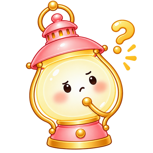 首をかしげて考えている、ピンクのランタンのあかりちゃん